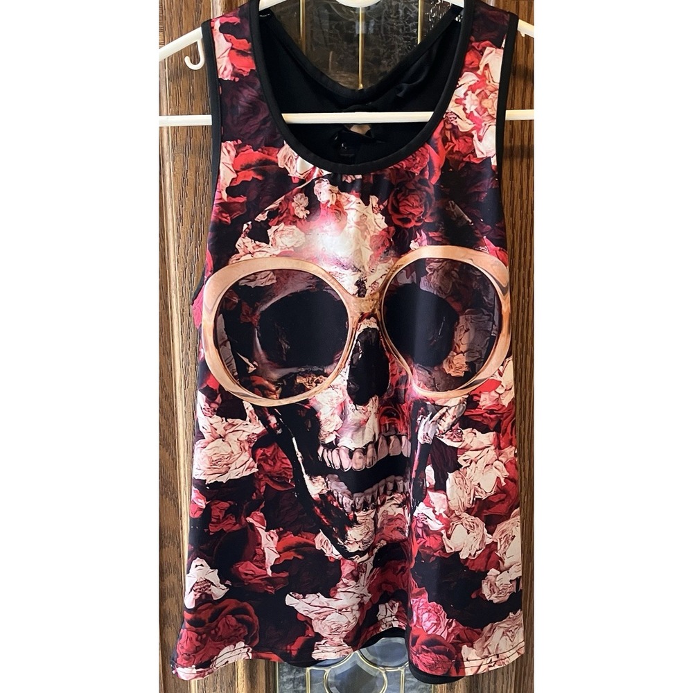 Women's Skull & Roses Black Racerback Tank Top Size S Cutout Glasses EUC
